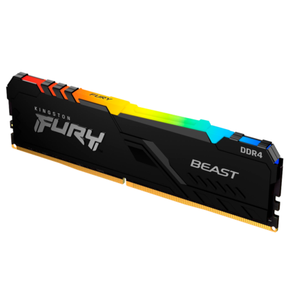 Memoria RAM Kingston FURY Beast RGB de 8GB DDR4 a 3200MHz con disipador térmico de perfil bajo e iluminación RGB personalizable. Ideal para sistemas gaming y de alto rendimiento.