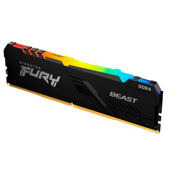 Memoria RAM Kingston FURY Beast RGB de 8GB DDR4 a 3200MHz con disipador térmico de perfil bajo e iluminación RGB personalizable. Ideal para sistemas gaming y de alto rendimiento.