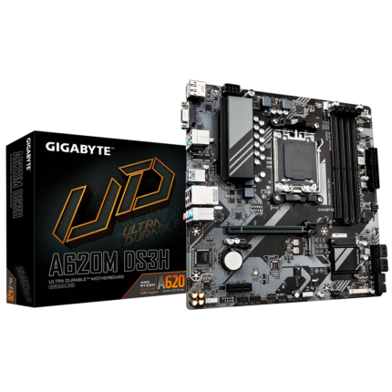 Motherboard Gigabyte A620M DS3H con soporte para AMD Ryzen™ 7000, 8000 y 9000 Series, DDR5 hasta 7600 MHz, PCIe 4.0, M.2 NVMe, HDMI 2.1 y diseño Ultra Durable. Ideal para sistemas compactos y eficientes.