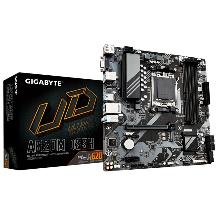 Motherboard Gigabyte A620M DS3H con soporte para AMD Ryzen™ 7000, 8000 y 9000 Series, DDR5 hasta 7600 MHz, PCIe 4.0, M.2 NVMe, HDMI 2.1 y diseño Ultra Durable. Ideal para sistemas compactos y eficientes.