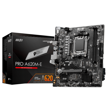 Motherboard MSI PRO A620M-E con soporte para AMD Ryzen™ 7000, 8000 y 9000 Series, DDR5 hasta 6400 MHz, PCIe 4.0, M.2 NVMe, HDMI 2.1 y diseño robusto. Ideal para sistemas compactos y eficientes.