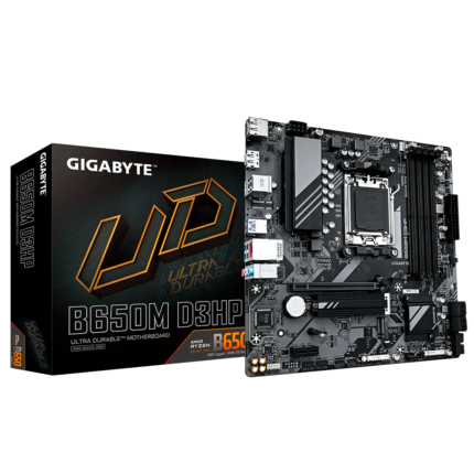 Motherboard Gigabyte B650M D3HP con soporte para AMD Ryzen™ 7000, 8000 y 9000 Series, DDR5 hasta 7600 MHz, PCIe 4.0, doble M.2 NVMe, HDMI 2.1 y diseño Ultra Durable. Ideal para sistemas compactos y eficientes.