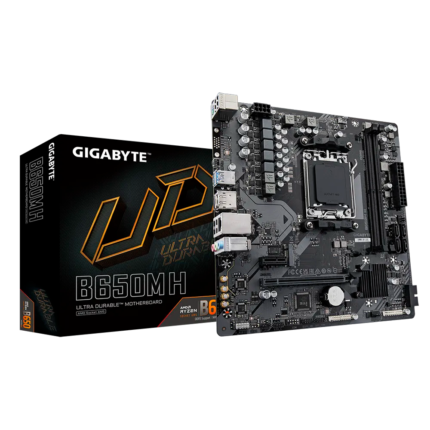Motherboard Gigabyte B650M H con soporte para AMD Ryzen™ 7000, 8000 y 9000 Series, DDR5 hasta 6400 MHz, PCIe 4.0, M.2 NVMe, HDMI 2.1 y diseño Ultra Durable. Ideal para sistemas compactos y eficientes.