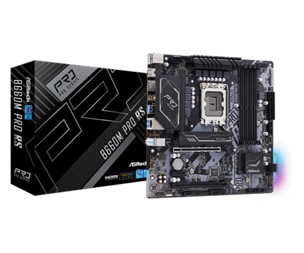 Motherboard ASRock B660M Pro RS DDR4 para Intel 12ª y 13ª Gen con soporte M.2 Gen4, RGB y conectividad avanzada. Ideal para builds modernas de alto rendimiento.