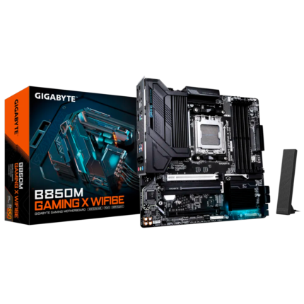 Motherboard Gigabyte B850M GAMING X WIFI6E con soporte para AMD Ryzen™ 7000, 8000 y 9000 Series, DDR5 hasta 8200 MHz, PCIe 5.0, doble M.2 NVMe, HDMI 2.1, Wi-Fi 6E y diseño Ultra Durable. Ideal para sistemas compactos y eficientes.