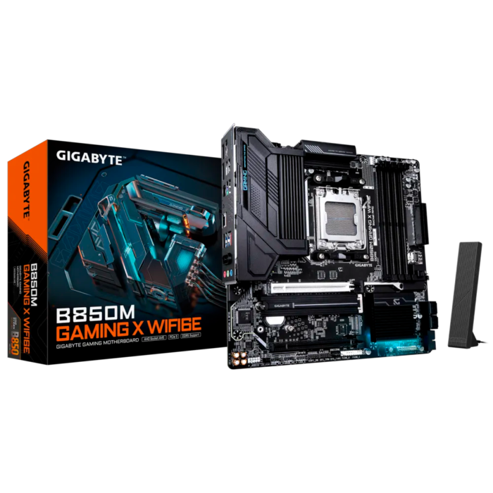 Motherboard Gigabyte B850M GAMING X WIFI6E con soporte para AMD Ryzen™ 7000, 8000 y 9000 Series, DDR5 hasta 8200 MHz, PCIe 5.0, doble M.2 NVMe, HDMI 2.1, Wi-Fi 6E y diseño Ultra Durable. Ideal para sistemas compactos y eficientes.