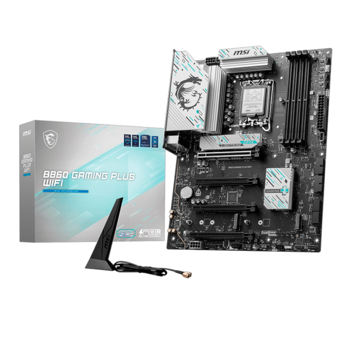 Motherboard MSI B860 GAMING PLUS WIFI con soporte para Intel Core Ultra Series 2, DDR5 hasta 8800 MHz, PCIe 5.0, triple M.2 NVMe, Wi-Fi 7, Bluetooth 5.4 y diseño térmico optimizado. Ideal para gamers y entusiastas que buscan alto rendimiento y conectividad avanzada.