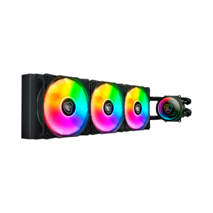 Water cooling Cougar Poseidon Elite 360 ARGB negro con 3 ventiladores RGB, bomba iluminada y radiador de alto rendimiento.