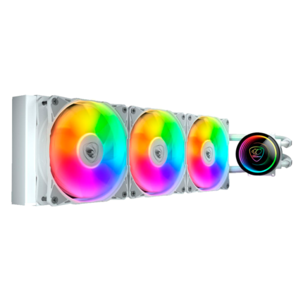 Water cooling Cougar Poseidon Elite 360 ARGB blanco con 3 ventiladores RGB, bomba iluminada y radiador de alto rendimiento.