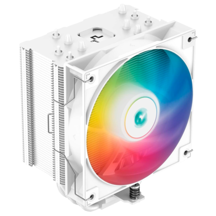 Cooler Deepcool AG400 ARGB blanco con 4 heatpipes, ventilador RGB y diseño sin interferencia de memoria.