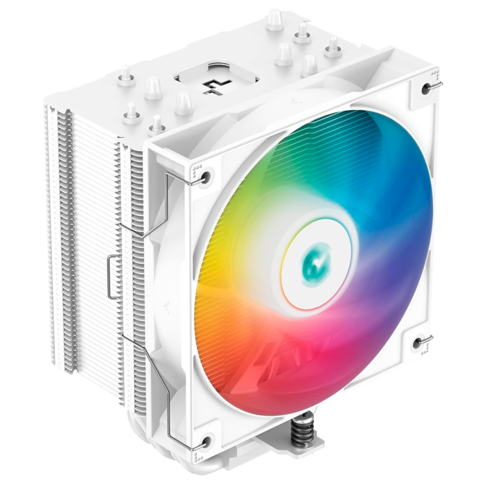 Cooler Deepcool AG400 ARGB blanco con 4 heatpipes, ventilador RGB y diseño sin interferencia de memoria.