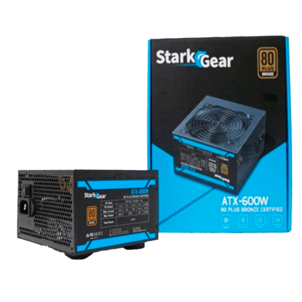 Fuente StarkGear 600W 80 PLUS White en formato ATX, con conectores completos y ventilador silencioso de 120 mm. Rendimiento estable y eficiente para PCs de oficina o uso general.