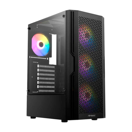 Gabinete AX20 Gaming Elite con vidrio templado, ventiladores ARGB y diseño frontal tipo malla.