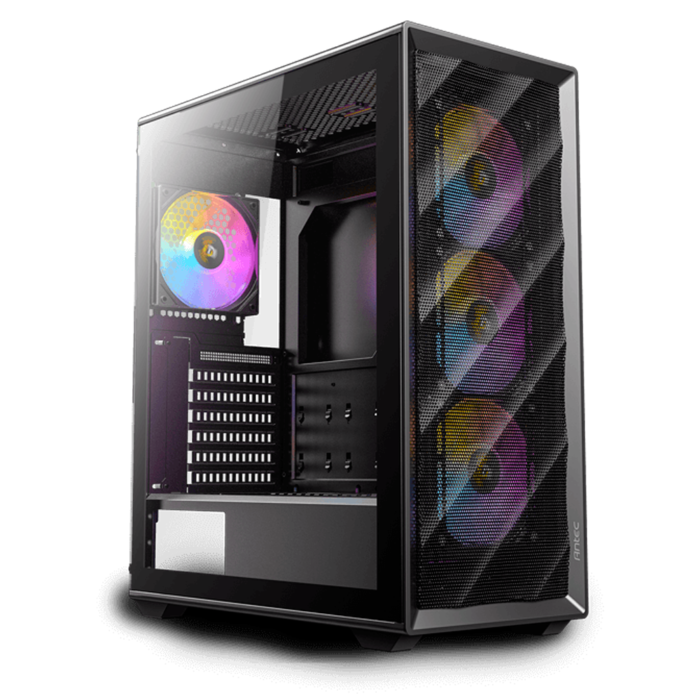 Gabinete AX85 ARGB con 4 ventiladores, vidrio templado y frontal malla con iluminación RGB.