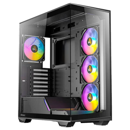 Gabinete C3 ARGB negro con vidrio templado, 4 ventiladores RGB y diseño frontal malla de alto flujo.