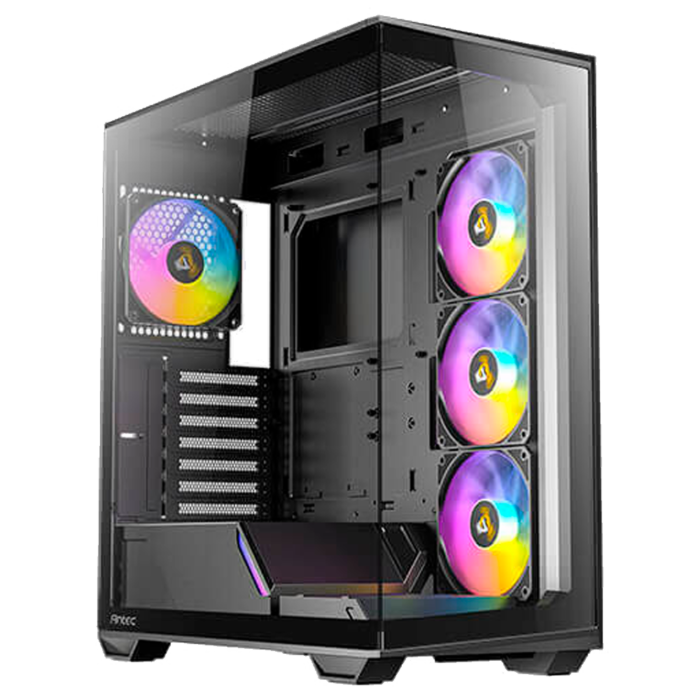 Gabinete C3 ARGB negro con vidrio templado, 4 ventiladores RGB y diseño frontal malla de alto flujo.