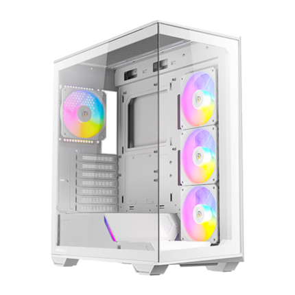 Gabinete C3 ARGB blanco con 4 ventiladores RGB, diseño full white y panel lateral de vidrio templado.