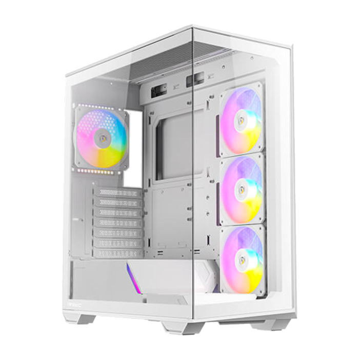 Gabinete C3 ARGB blanco con 4 ventiladores RGB, diseño full white y panel lateral de vidrio templado.