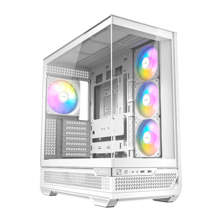Gabinete C7 ARGB blanco con vidrio templado, 4 ventiladores RGB y diseño de alto flujo en color blanco