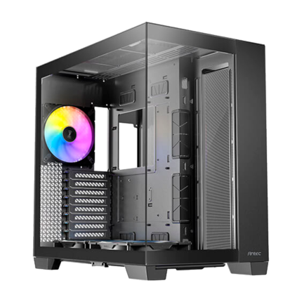 Gabinete C8 ARGB con 4 ventiladores RGB, lateral de vidrio templado y diseño frontal de alto flujo de aire.
