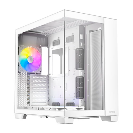 Gabinete C8 WHITE ARGB con 4 ventiladores RGB, lateral de vidrio templado y diseño frontal de alto flujo de aire.
