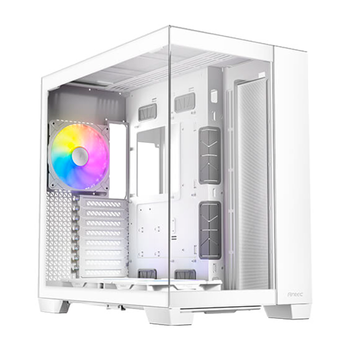 Gabinete C8 WHITE ARGB con 4 ventiladores RGB, lateral de vidrio templado y diseño frontal de alto flujo de aire.