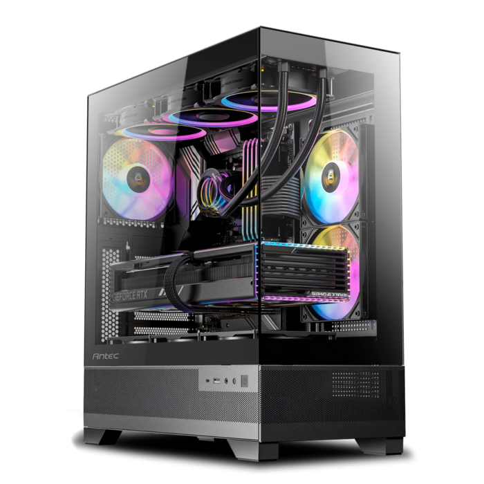Gabinete CX700 ARGB negro con vidrio templado, 4 ventiladores RGB y diseño frontal tipo malla.