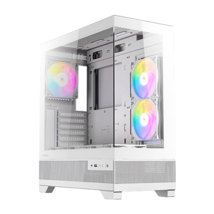Gabinete CX700 ARGB blanco con vidrio templado, 4 ventiladores RGB y diseño frontal de malla para alto flujo de aire.