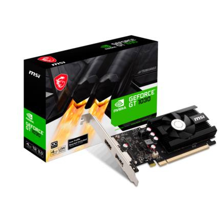 Tarjeta gráfica MSI GeForce GT 1030 4GD4 LP OC con 4 GB DDR4, diseño de bajo perfil, salidas HDMI 2.0b y DisplayPort 1.4a. Ideal para sistemas compactos y tareas multimedia básicas.