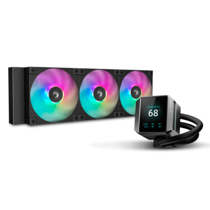 Cooler líquido Deepcool Mystique 360 ARGB negro con pantalla LCD, radiador de 360 mm y 3 ventiladores RGB.