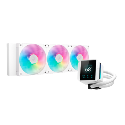 Cooler líquido Deepcool Mystique 360 ARGB blanco con pantalla LCD, radiador blanco de 360 mm y 3 ventiladores RGB.