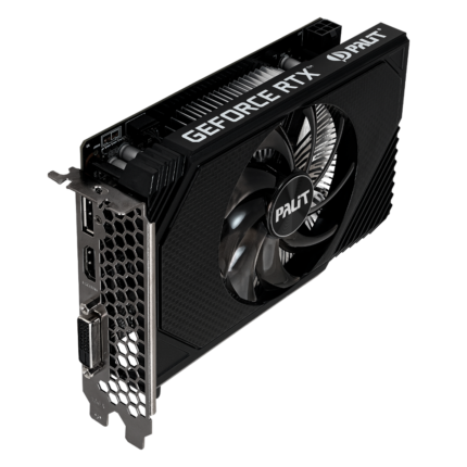 Tarjeta gráfica Palit RTX 3050 StormX de 6GB compacta con diseño de un solo ventilador, ideal para gabinetes pequeños.