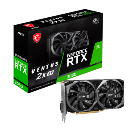 Tarjeta gráfica MSI GeForce RTX 3050 VENTUS 2X XS 8G OC con arquitectura Ampere, 8 GB GDDR6, DLSS, Ray Tracing, sistema de refrigeración de doble ventilador y salidas HDMI 2.1, DisplayPort 1.4a y DVI-D. Ideal para gaming en 1080p con alto rendimiento y eficiencia energética.