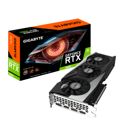 Placa de video Gigabyte GeForce RTX 3060 GAMING OC 12GB GDDR6 con arquitectura Ampere, DLSS, Ray Tracing, sistema de refrigeración WINDFORCE 3X y salidas HDMI 2.1 y DisplayPort 1.4a. Ideal para gaming en 1080p y 1440p con alto rendimiento y eficiencia energética.