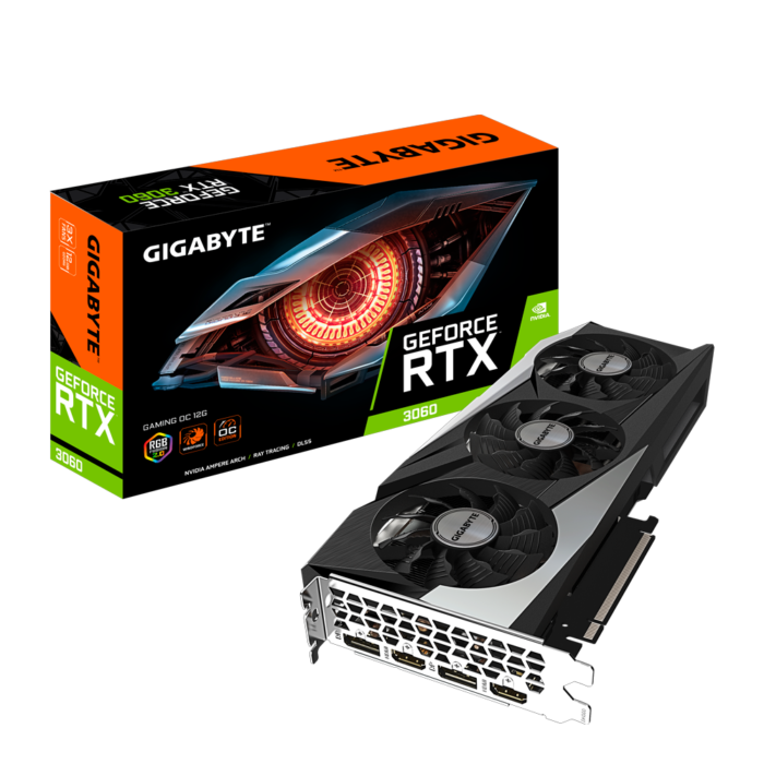 Placa de video Gigabyte GeForce RTX 3060 GAMING OC 12GB GDDR6 con arquitectura Ampere, DLSS, Ray Tracing, sistema de refrigeración WINDFORCE 3X y salidas HDMI 2.1 y DisplayPort 1.4a. Ideal para gaming en 1080p y 1440p con alto rendimiento y eficiencia energética.