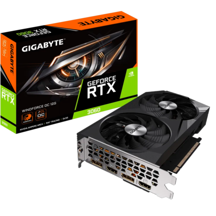 Tarjeta gráfica Gigabyte GeForce RTX 3060 WINDFORCE OC 12G con arquitectura Ampere, 12 GB GDDR6, DLSS, Ray Tracing, sistema de refrigeración WINDFORCE de doble ventilador y salidas HDMI 2.1 y DisplayPort 1.4a. Ideal para gaming en 1080p y 1440p con alto rendimiento y eficiencia energética.