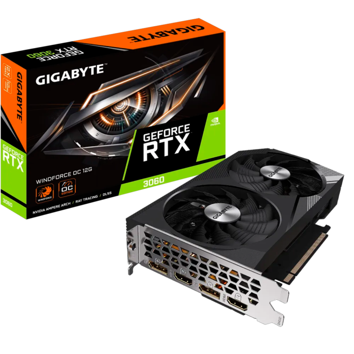 Tarjeta gráfica Gigabyte GeForce RTX 3060 WINDFORCE OC 12G con arquitectura Ampere, 12 GB GDDR6, DLSS, Ray Tracing, sistema de refrigeración WINDFORCE de doble ventilador y salidas HDMI 2.1 y DisplayPort 1.4a. Ideal para gaming en 1080p y 1440p con alto rendimiento y eficiencia energética.