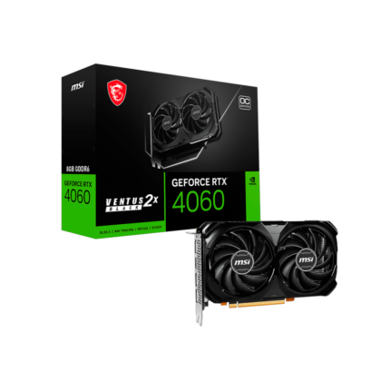 Tarjeta gráfica MSI GeForce RTX 4060 VENTUS 2X BLACK 8G OC con arquitectura Ada Lovelace, 8 GB GDDR6, DLSS 3, Ray Tracing, sistema de refrigeración de doble ventilador y salidas HDMI 2.1a y DisplayPort 1.4a. Ideal para gaming en 1080p con alto rendimiento y eficiencia energética.