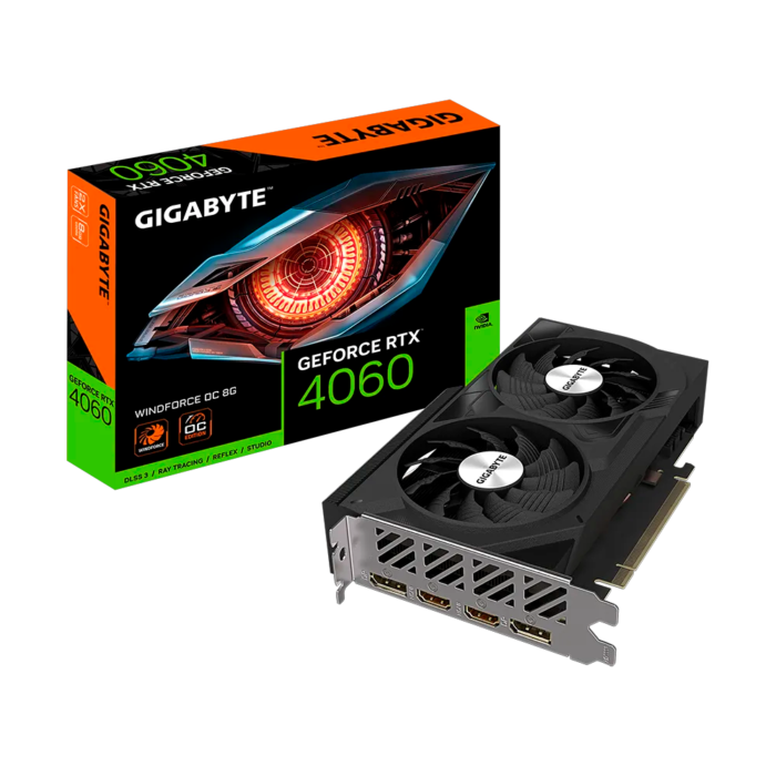 Placa de video Gigabyte GeForce RTX 4060 WINDFORCE OC 8GB GDDR6 con arquitectura Ada Lovelace, DLSS 3, Ray Tracing, sistema de refrigeración WINDFORCE de doble ventilador y salidas HDMI 2.1a y DisplayPort 1.4a. Ideal para gaming en 1080p con alto rendimiento y eficiencia energética.
