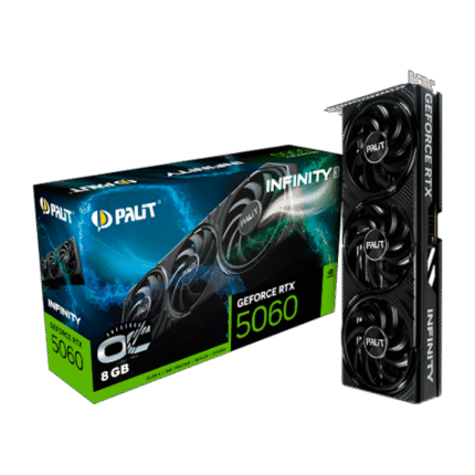 Tarjeta gráfica Palit GeForce RTX 5060 Infinity 3 de 8GB GDDR7 con sistema de triple ventilador. Rendimiento eficiente para gaming en 1080p y 1440p, ideal para gabinetes compactos y experiencias visuales de alta calidad.