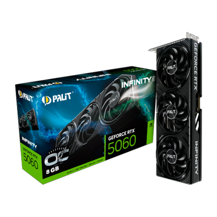 Tarjeta gráfica Palit GeForce RTX 5060 Infinity 3 de 8GB GDDR7 con sistema de triple ventilador. Rendimiento eficiente para gaming en 1080p y 1440p, ideal para gabinetes compactos y experiencias visuales de alta calidad.