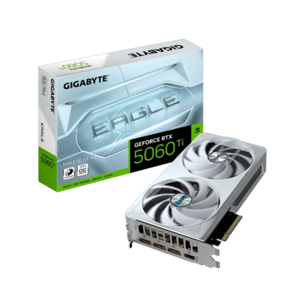 Tarjeta gráfica Gigabyte GeForce RTX 5060 Ti EAGLE OC ICE 16GB con arquitectura NVIDIA Blackwell, 16 GB GDDR7, DLSS 4, Ray Tracing, sistema de refrigeración WINDFORCE de doble ventilador y salidas HDMI 2.1b y DisplayPort 2.1b. Ideal para gaming en 1440p y 4K con alto rendimiento y eficiencia energética.