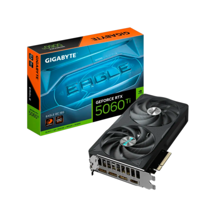 Tarjeta gráfica Gigabyte GeForce RTX 5060 Ti EAGLE OC 16GB con arquitectura NVIDIA Blackwell, 16 GB GDDR7, DLSS 4, Ray Tracing, sistema de refrigeración WINDFORCE de doble ventilador y salidas HDMI 2.1b y DisplayPort 2.1b. Ideal para gaming en 1440p y 4K con alto rendimiento y eficiencia energética.