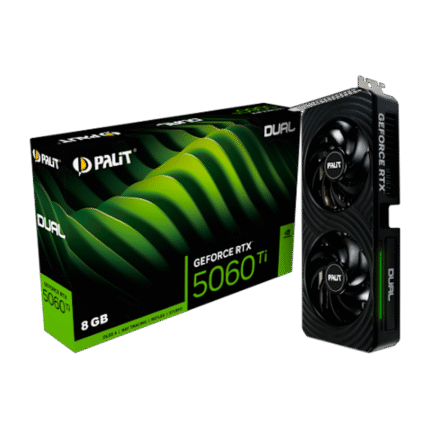 Tarjeta gráfica Palit GeForce RTX 5060 Ti Dual de 8GB GDDR7 con sistema de doble ventilador. Rendimiento eficiente para gaming en 1080p y 1440p, ideal para gabinetes compactos y experiencias visuales de alta calidad.