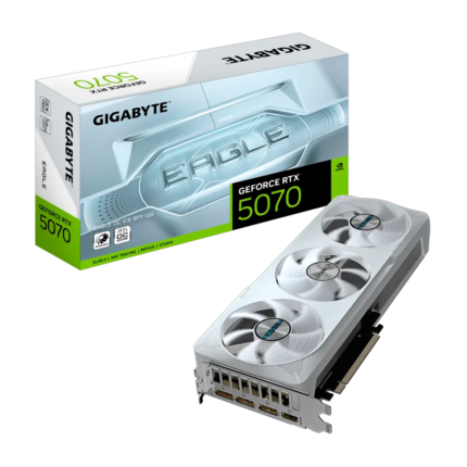 Tarjeta gráfica Gigabyte GeForce RTX 5070 EAGLE OC ICE SFF 12GB con arquitectura NVIDIA Blackwell, 12 GB GDDR7, DLSS 4, Ray Tracing, sistema de refrigeración WINDFORCE de triple ventilador y salidas HDMI 2.1b y DisplayPort 2.1b. Ideal para gaming en 1440p y 4K con alto rendimiento y eficiencia energética.