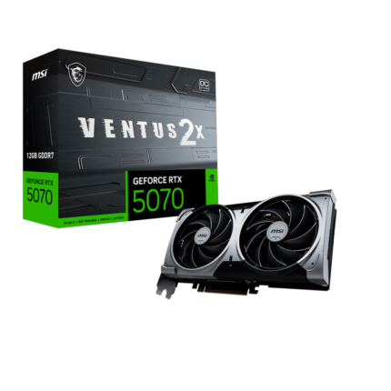 Tarjeta gráfica MSI GeForce RTX 5070 VENTUS 2X OC 12GB con arquitectura NVIDIA Blackwell, 12 GB GDDR7, DLSS 4, Ray Tracing, sistema de refrigeración de doble ventilador y salidas HDMI 2.1b y DisplayPort 2.1b. Ideal para gaming en 1440p y 4K con alto rendimiento y eficiencia energética.
