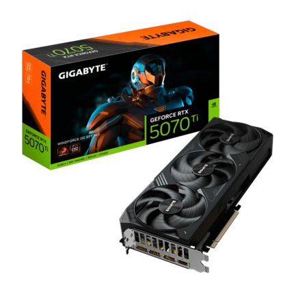 Tarjeta gráfica Gigabyte GeForce RTX 5070 Ti WINDFORCE OC SFF 16GB con arquitectura NVIDIA Blackwell, 16 GB GDDR7, DLSS 4, Ray Tracing, sistema de refrigeración WINDFORCE de triple ventilador y salidas HDMI 2.1b y DisplayPort 2.1b. Ideal para gaming en 4K con alto rendimiento y eficiencia energética.