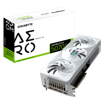 Tarjeta gráfica Gigabyte GeForce RTX 5070 Ti AERO OC 16GB con arquitectura NVIDIA Blackwell, 16 GB GDDR7, DLSS 4, Ray Tracing, sistema de refrigeración WINDFORCE de triple ventilador y salidas HDMI 2.1b y DisplayPort 2.1b. Ideal para gaming en 4K con alto rendimiento y eficiencia energética.