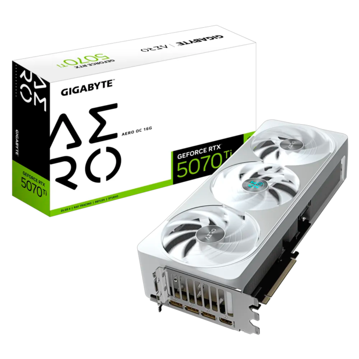 Tarjeta gráfica Gigabyte GeForce RTX 5070 Ti AERO OC 16GB con arquitectura NVIDIA Blackwell, 16 GB GDDR7, DLSS 4, Ray Tracing, sistema de refrigeración WINDFORCE de triple ventilador y salidas HDMI 2.1b y DisplayPort 2.1b. Ideal para gaming en 4K con alto rendimiento y eficiencia energética.