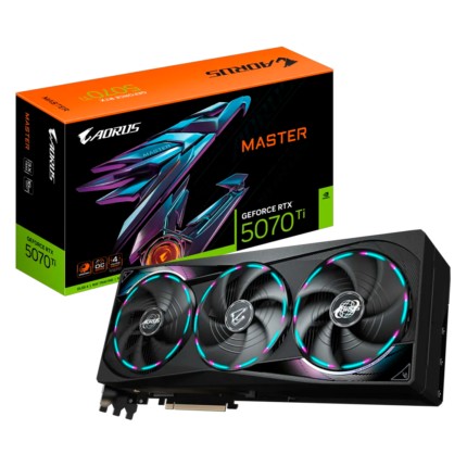 Tarjeta gráfica Gigabyte AORUS GeForce RTX 5070 Ti MASTER 16GB con arquitectura NVIDIA Blackwell, 16 GB GDDR7, DLSS 4, Ray Tracing, sistema de refrigeración WINDFORCE de triple ventilador y salidas HDMI 2.1b y DisplayPort 2.1b. Ideal para gaming en 4K con alto rendimiento y eficiencia energética.